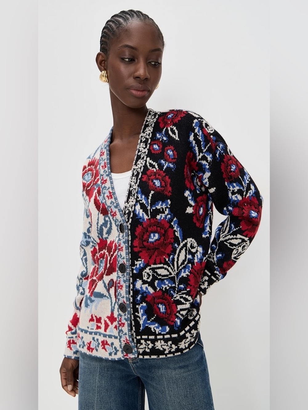 Farm Rio Valentina black mixed floral knit v neck cardigan sz XL - Picture 2 of 6